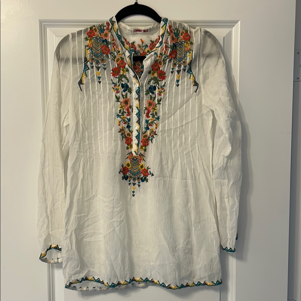 “Johnny Was” Embroidered White Tunic Top